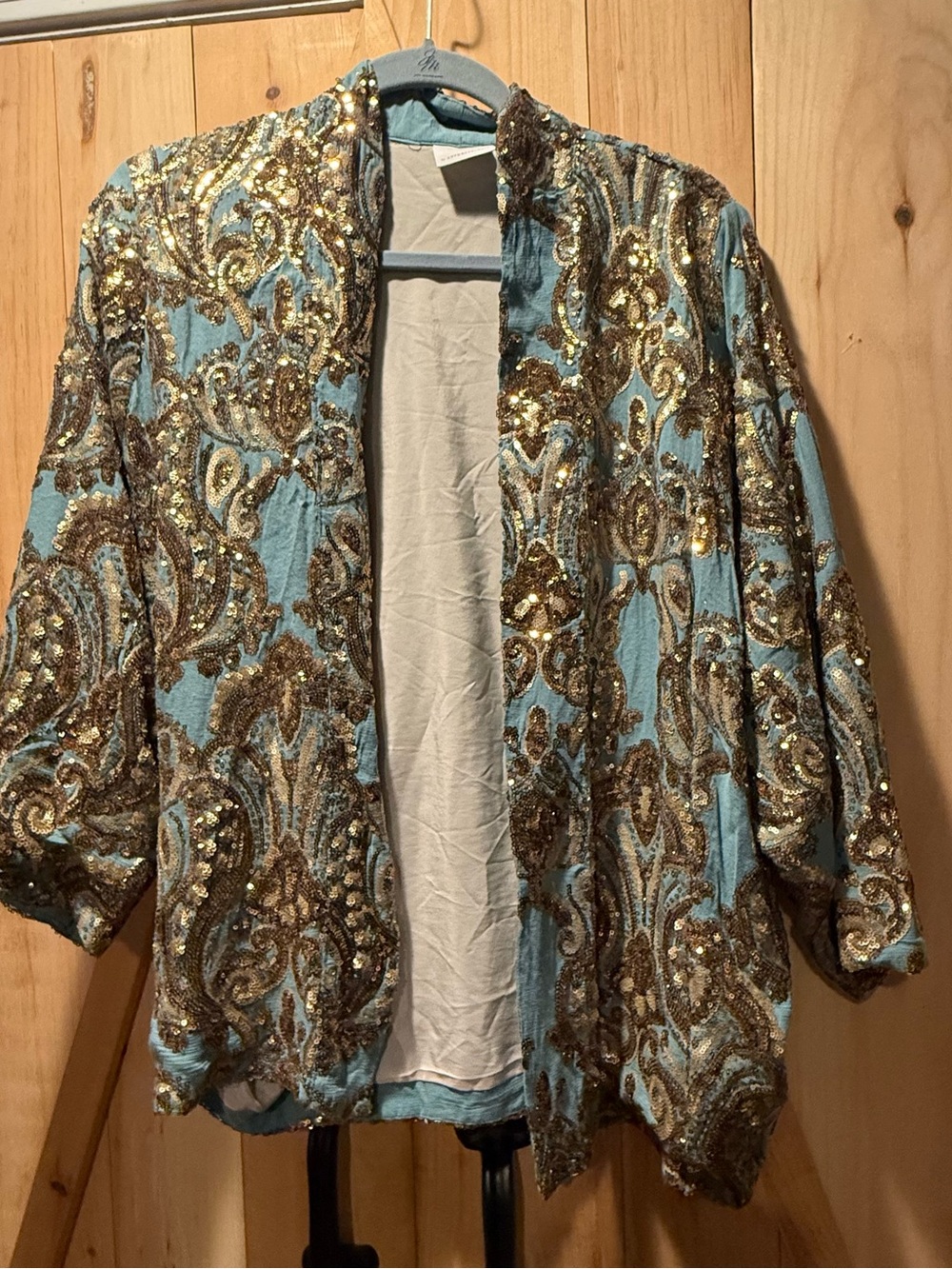 Anthropologie Blue and Gold Sequin Paisley Open-Front Tunic